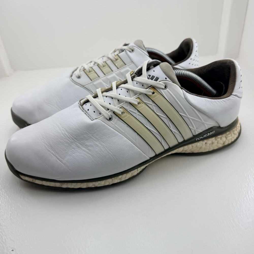 Adidas Tour360 Boost Golf Shoes Mens 11 White Leather Spiked Cleats EG4881